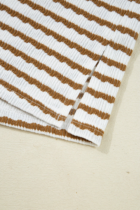 Striped Johnny Collar Pullover Drawstring Wide Leg Pant Set